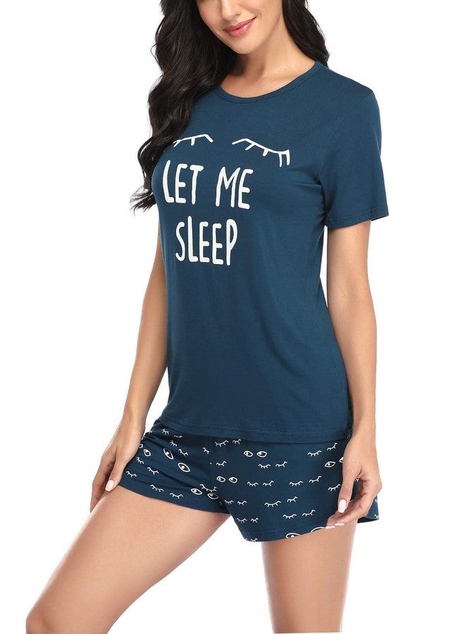 EISHOPEER Women's Closed Eyes Print Pajama Set Tee and Shorts Pjs Sets Peacock Blue L - Image 4